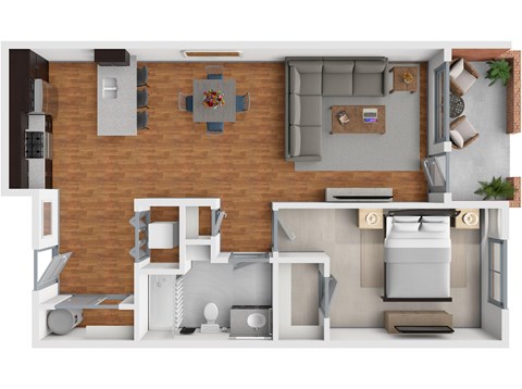 A 3D rendered image of a modern apartment layout.